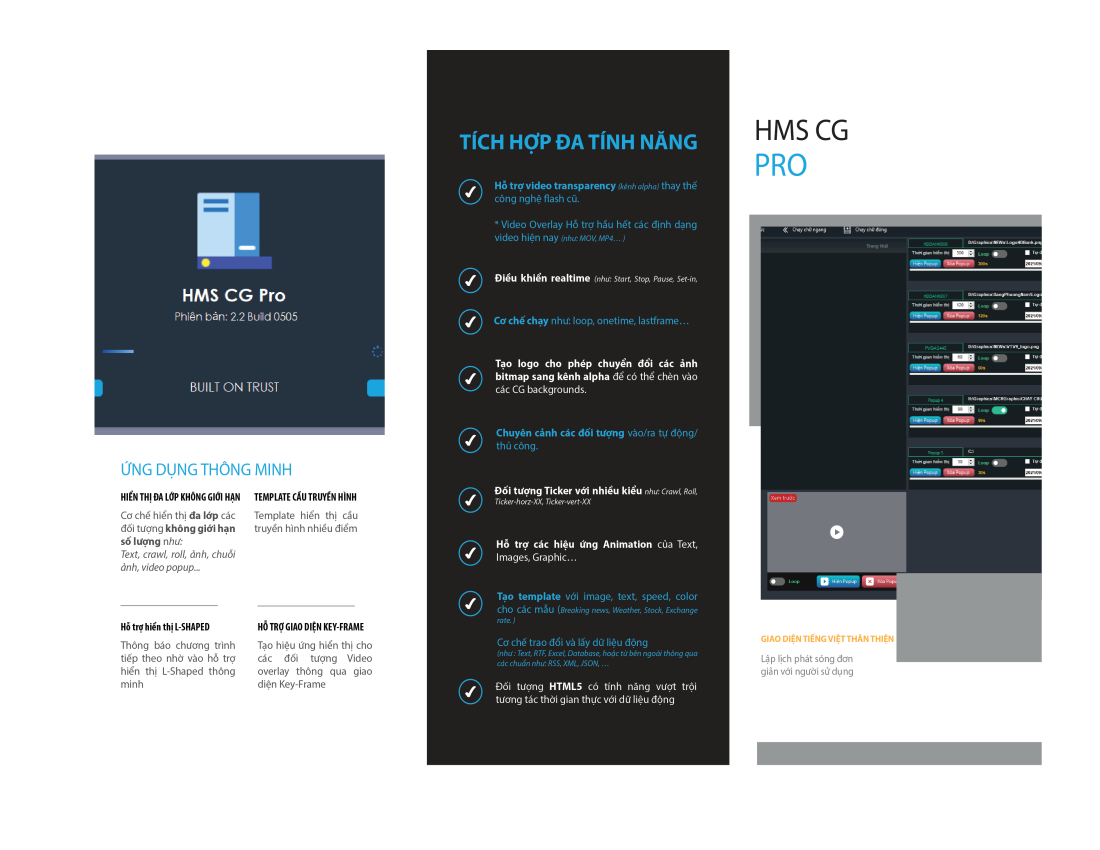 Tờ giới thiệu HMS CG Pro với ảnh giao diện và tính năng minh họa
