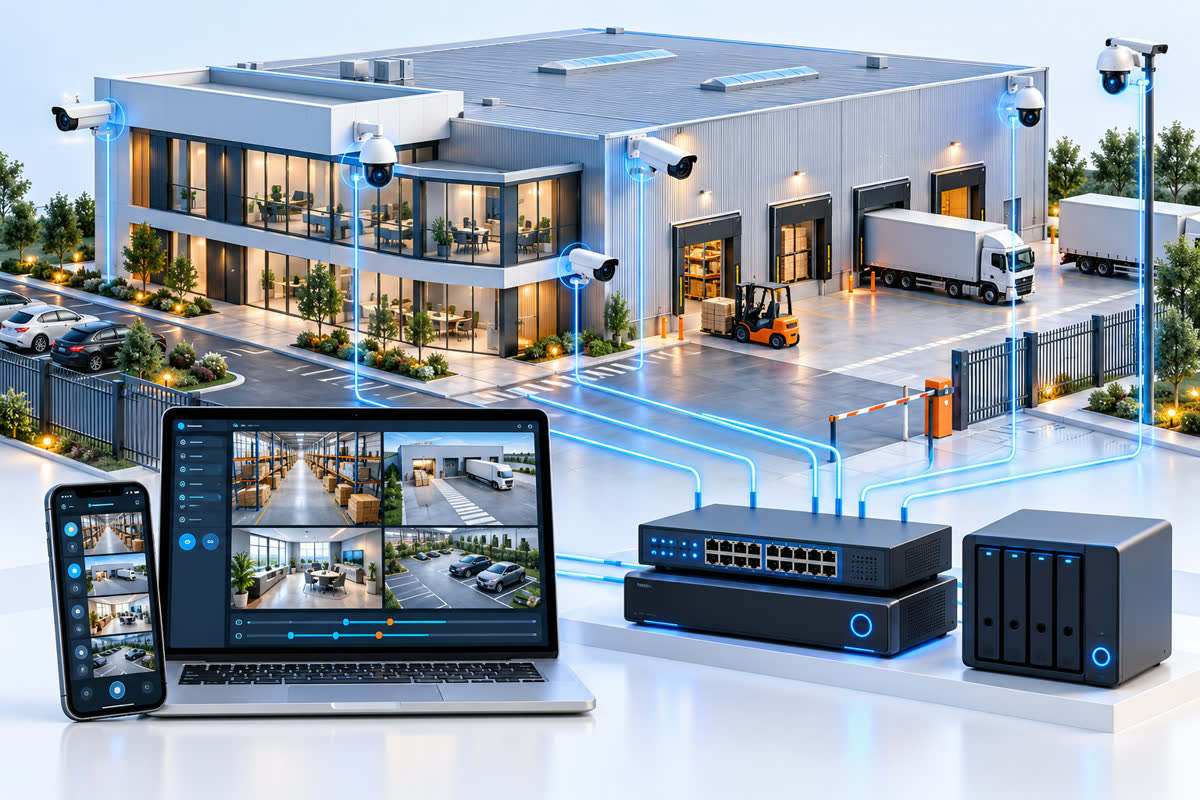 Minh họa hệ thống camera AI, NAS và mạng doanh nghiệp